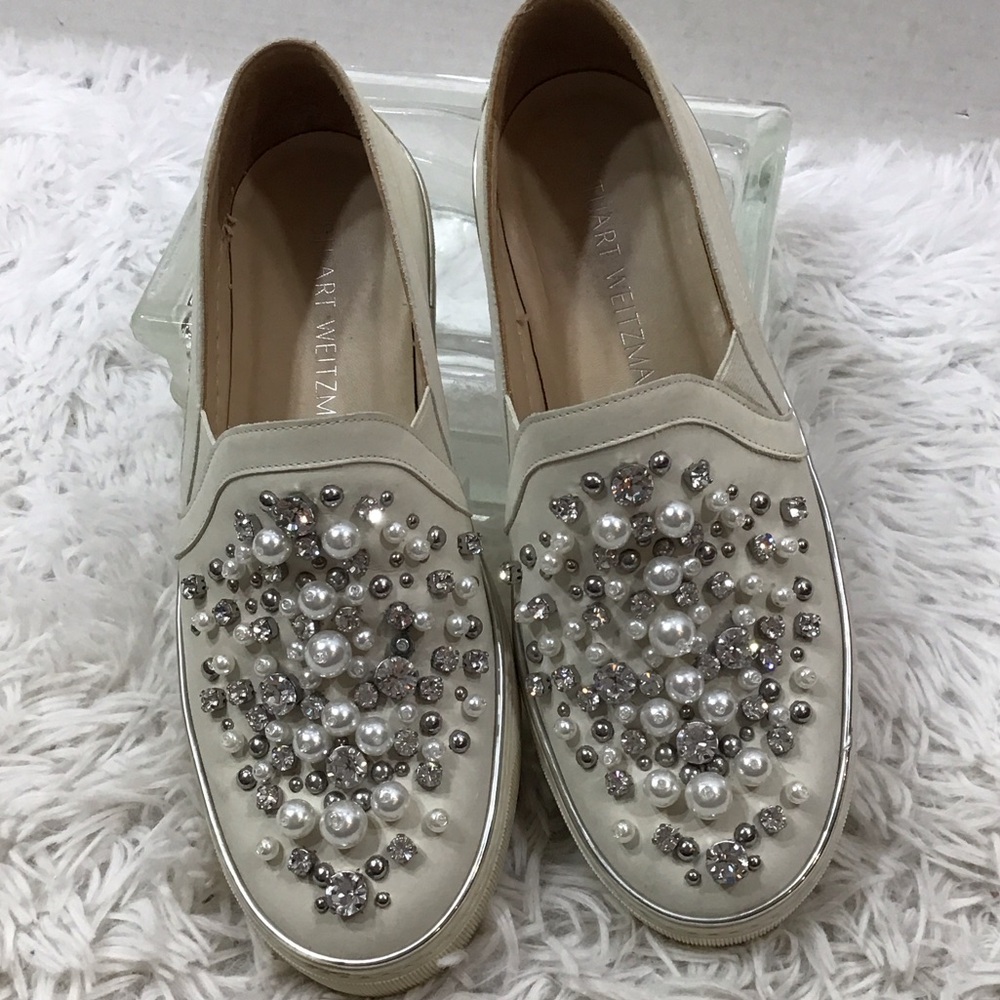 Stuart Weitzman off White cream Embellished Loafers
